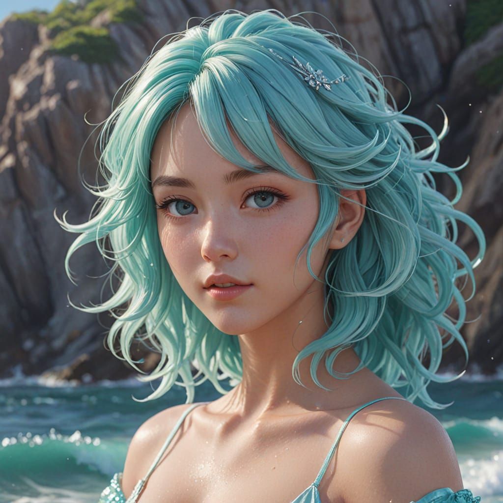 Anime Woman with Sparkling Ocean Wave Hair