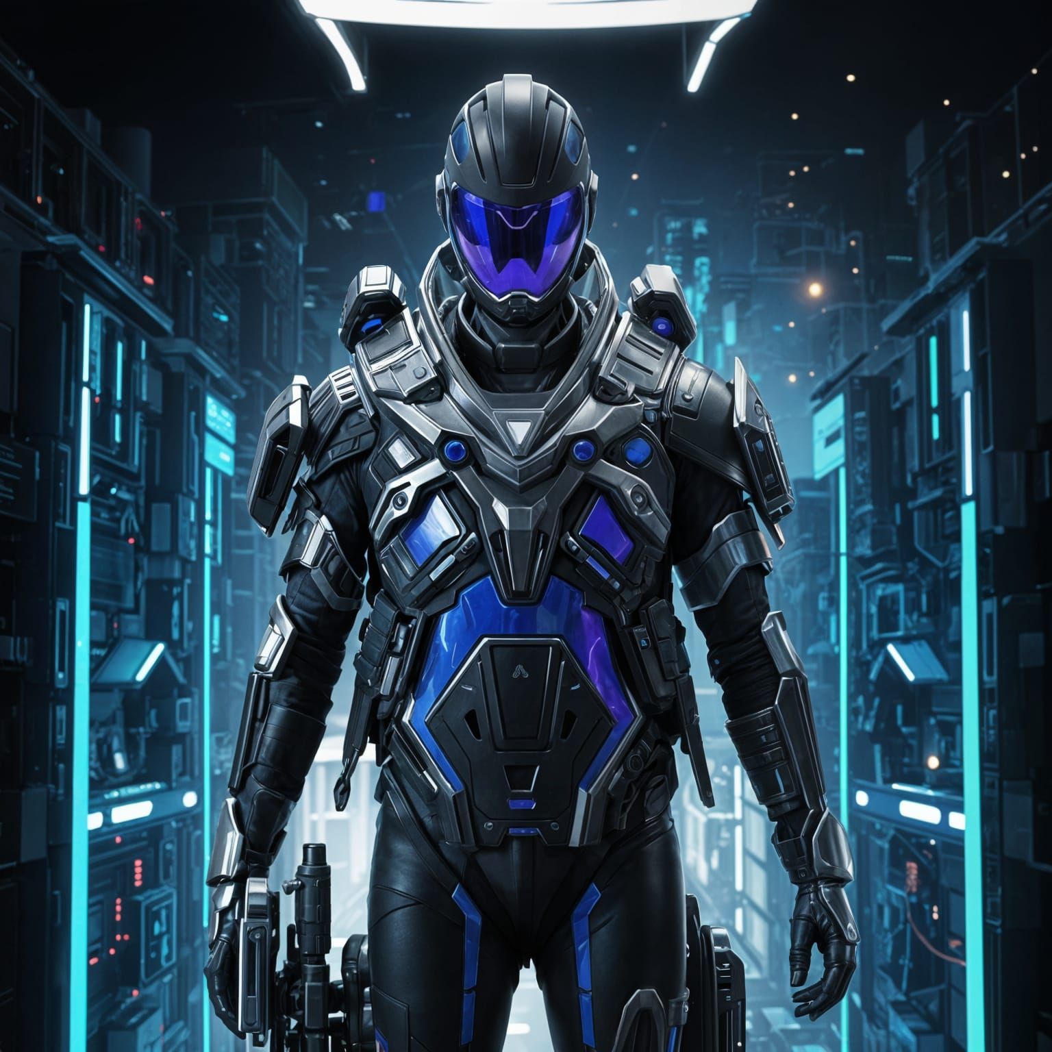 Futuristic Soldier in Neon Cityscape, Anime Style