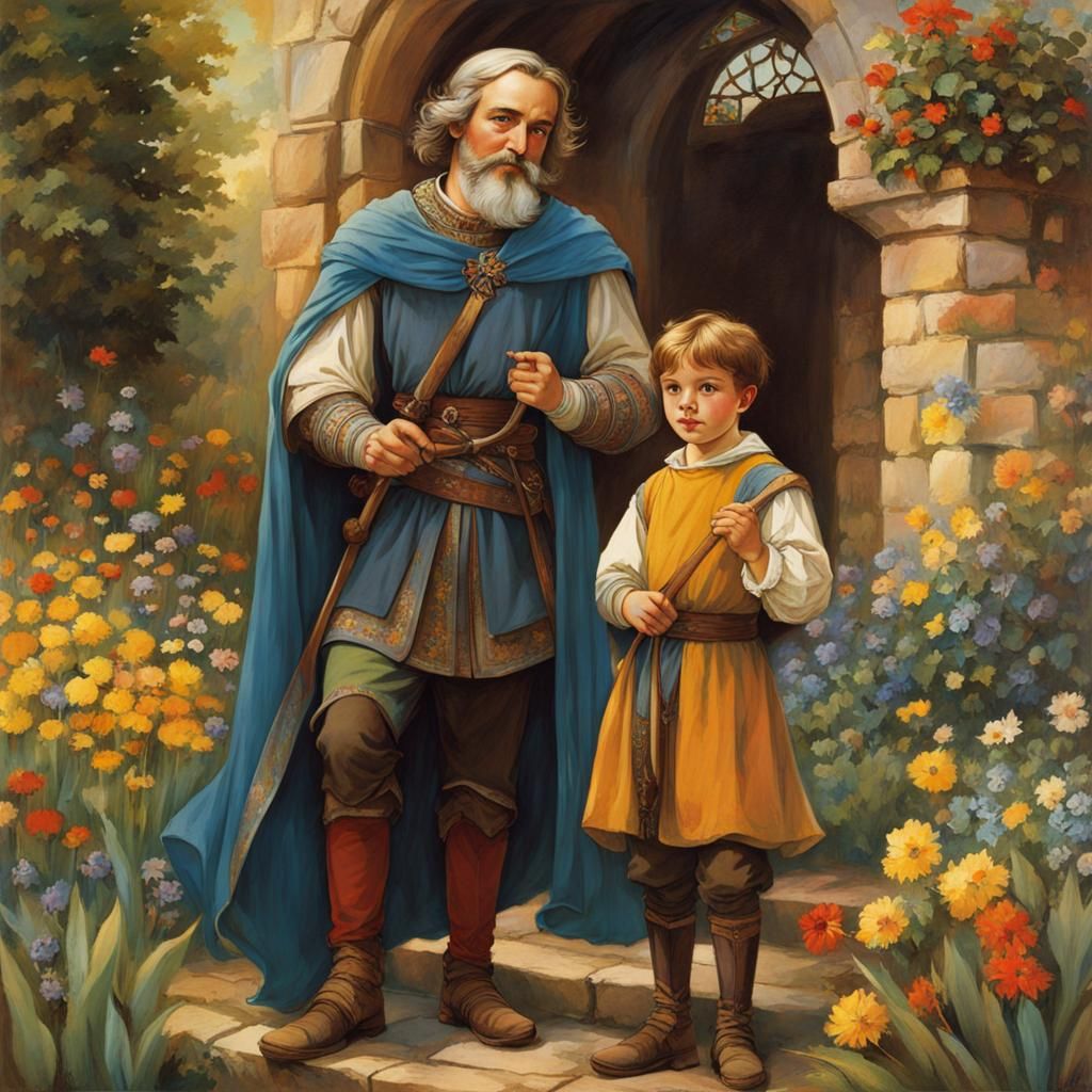 Medieval Father and Son in Fairytale Garden