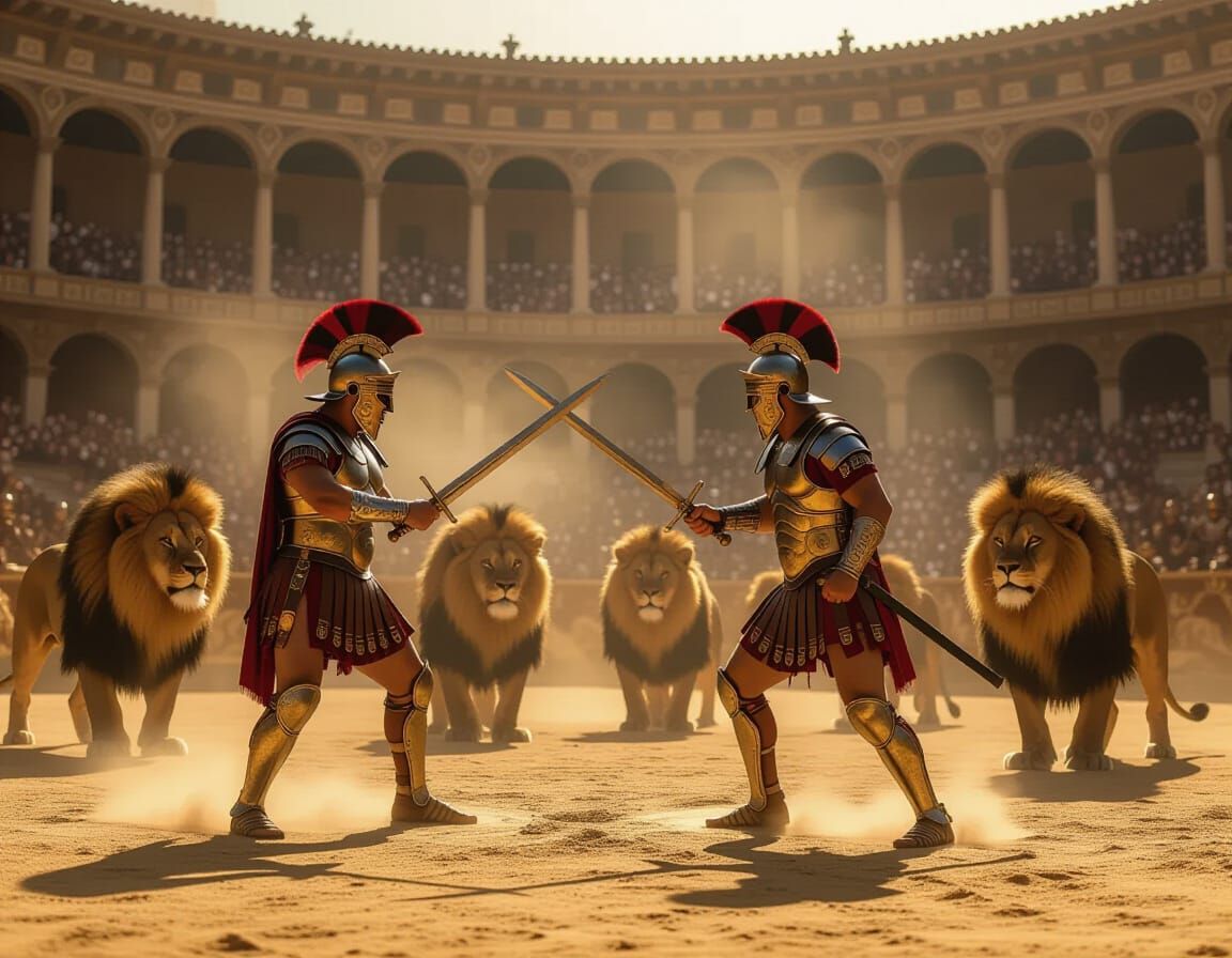 Gladiators Face Lions in Roman Arena, Fantasy Style