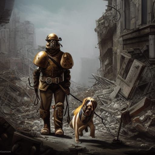 Steampunk Dog Military Patrol in Ruined City