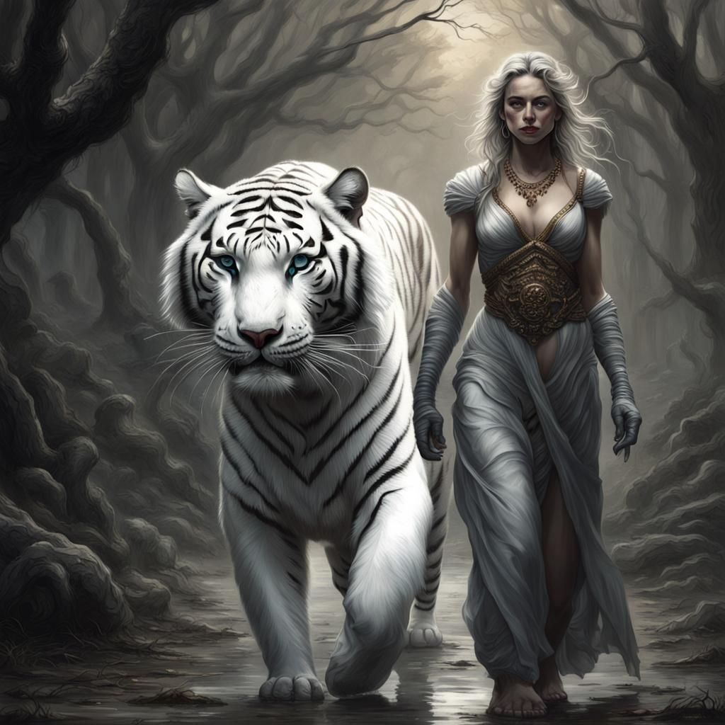 White Tiger and Lady: Hyperrealistic Horror Masterpiece