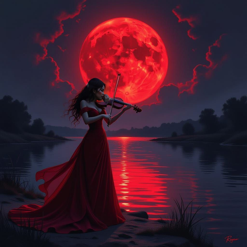 Woman in Red Plays Violin Under Blood Moon