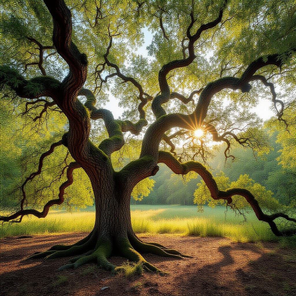 Gnarly Ancient Oak Tree in Sun-Dappled Forest Clearing