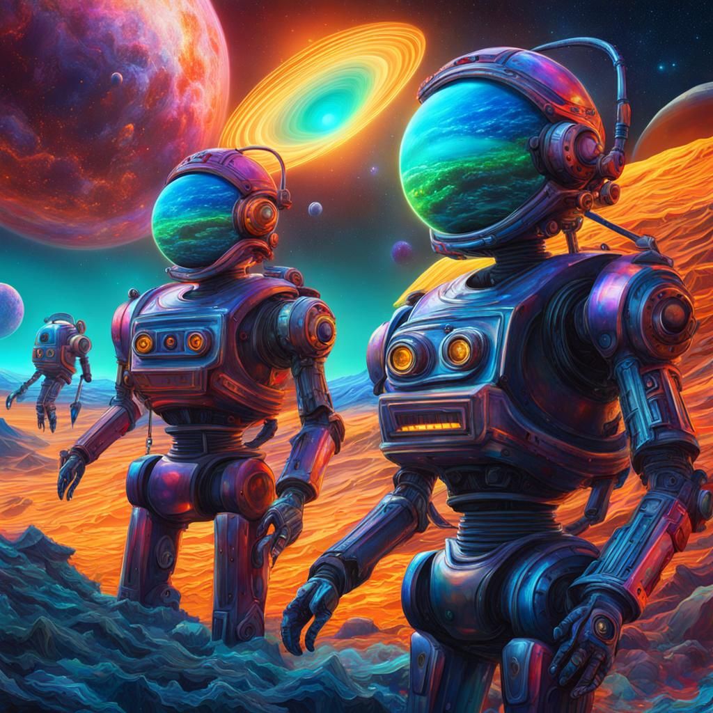 Robots Hunting Aliens on Neptune: Astral Cosmic Illustration