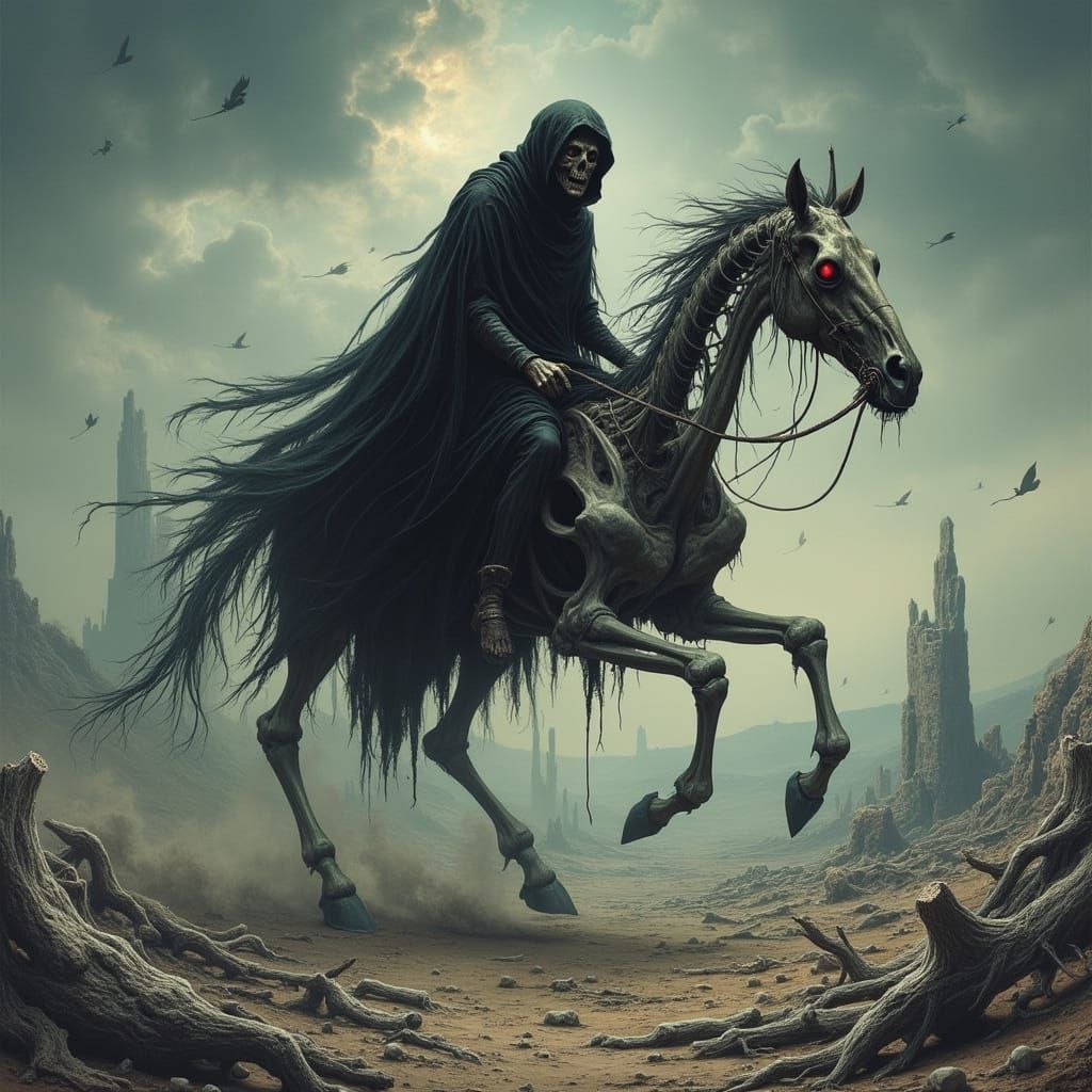 Skeletal Rider on Barren Wasteland in Gothic Style