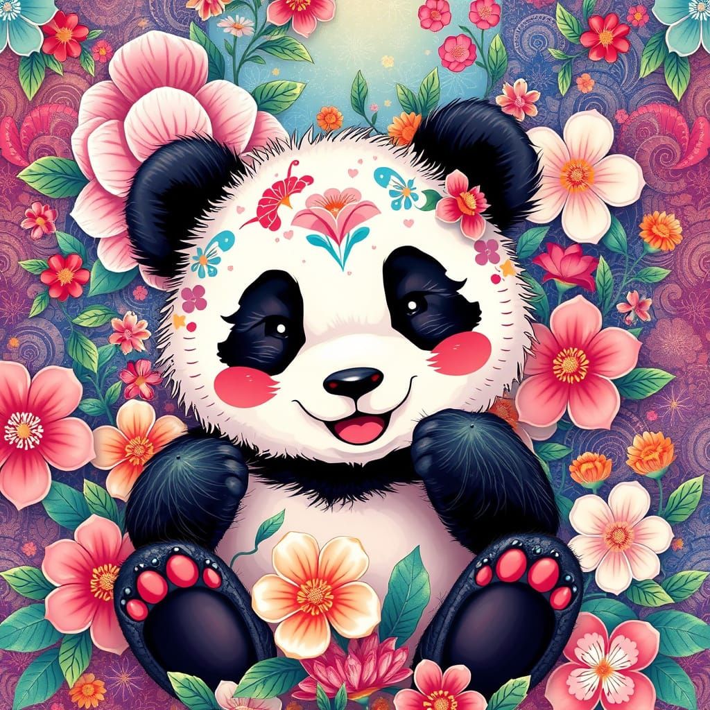 Vibrant Panda Mandala in Anime Manga Style
