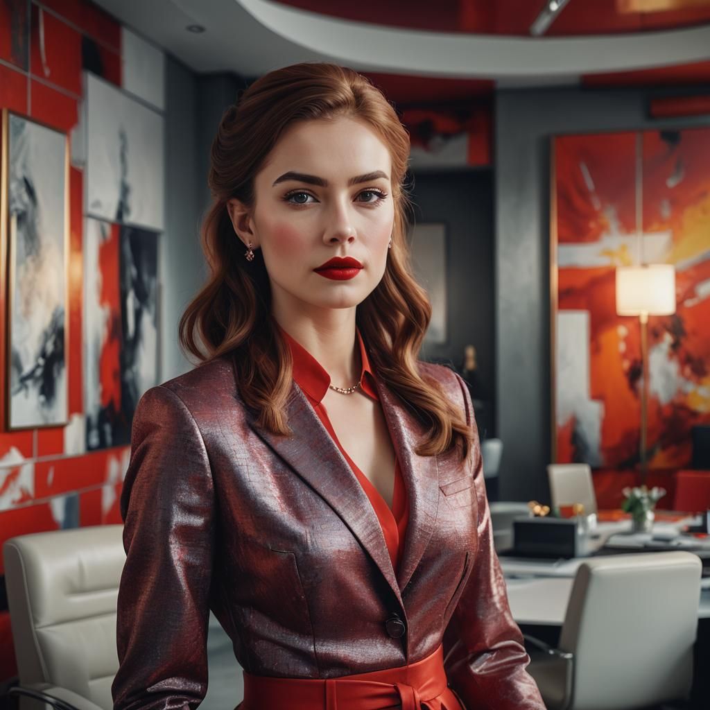 Elegant Woman in Red Business Attire, Fashion Photography