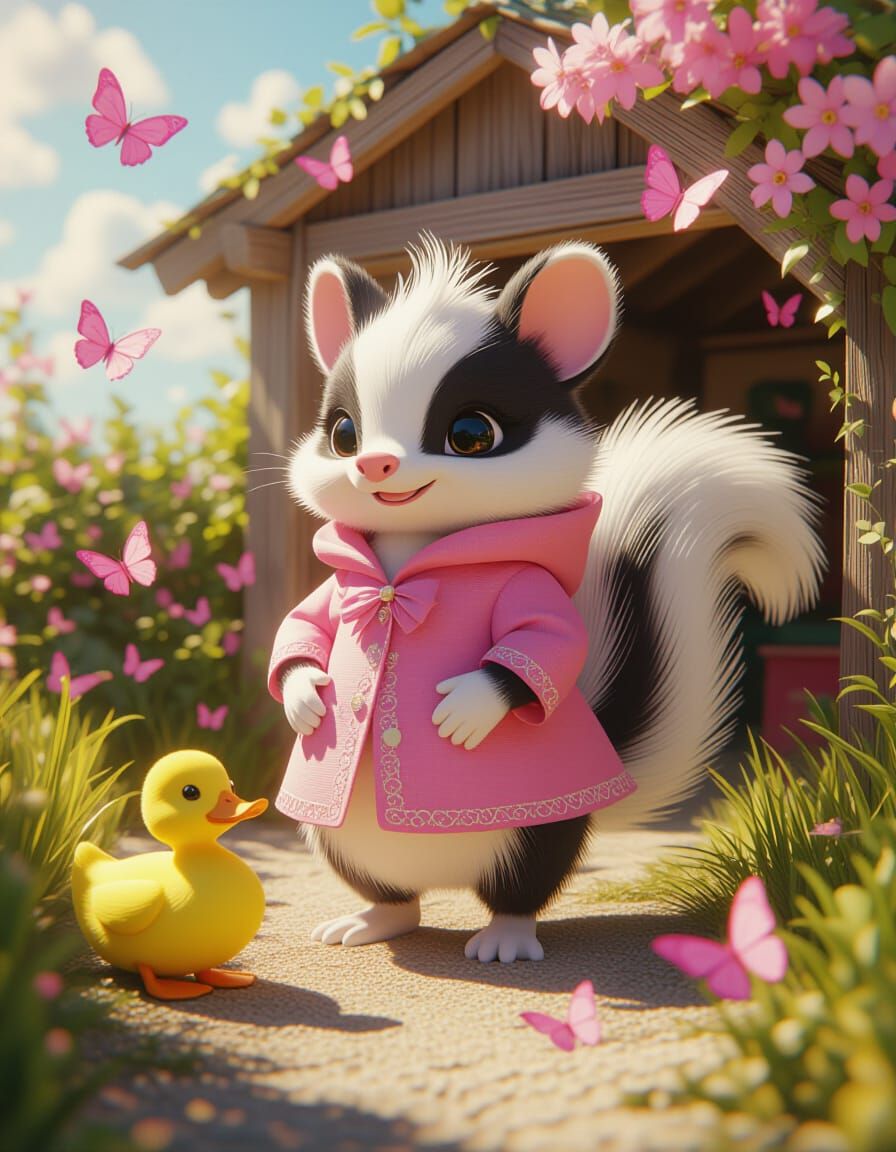 Pink Skunk Sculpture in a Sunny Spring Landscape