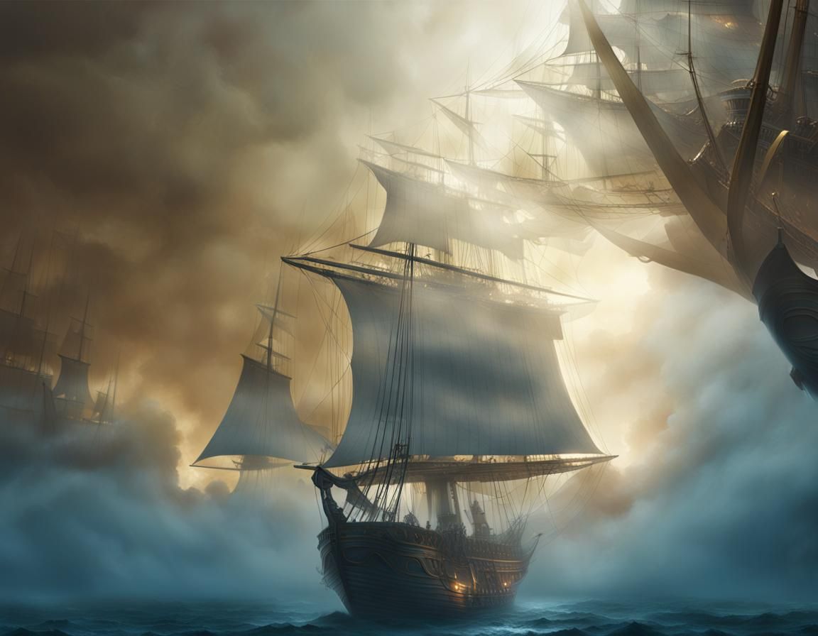 Magnificent Ship Sailing Through Foggy Sky