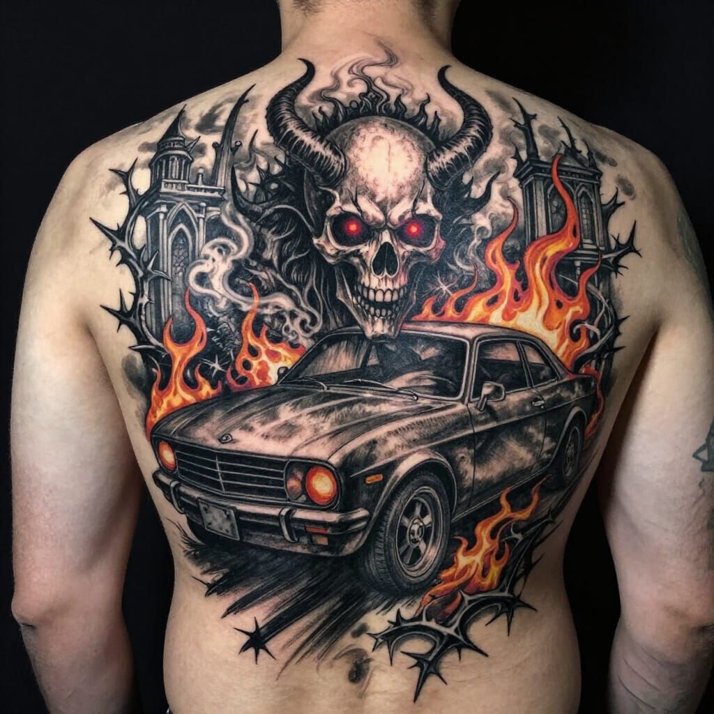 Demonic Car Tattoo Design on Man's Back in Charcoal Style