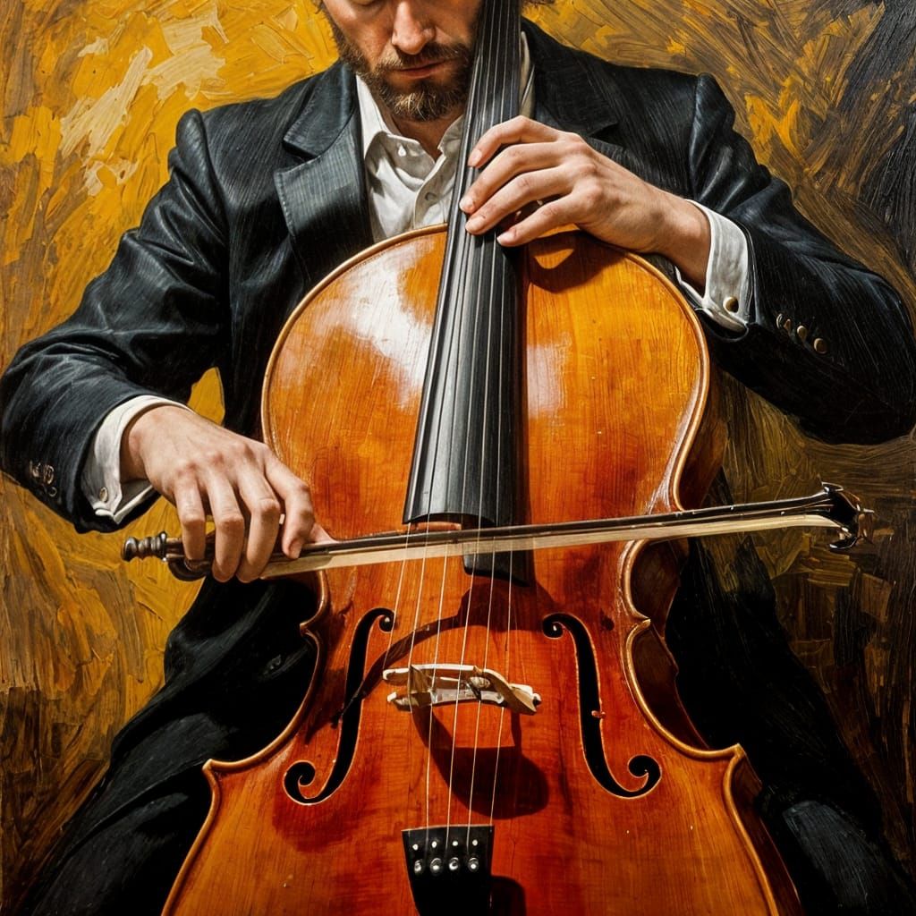 Cellist's Hands in Motion: An Impasto Oil Painting