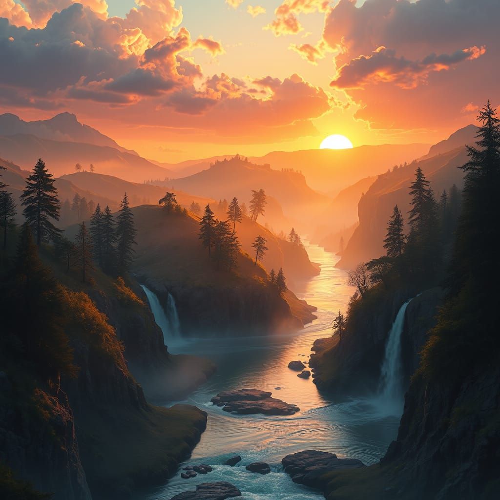 Surreal Sunset Valley in Detailed Matte Painting Style