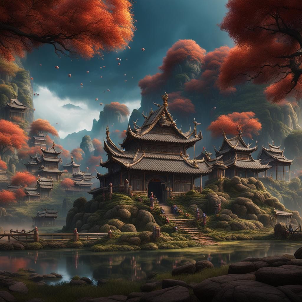 Fantastical Hmong Matte Painting in Deep Color