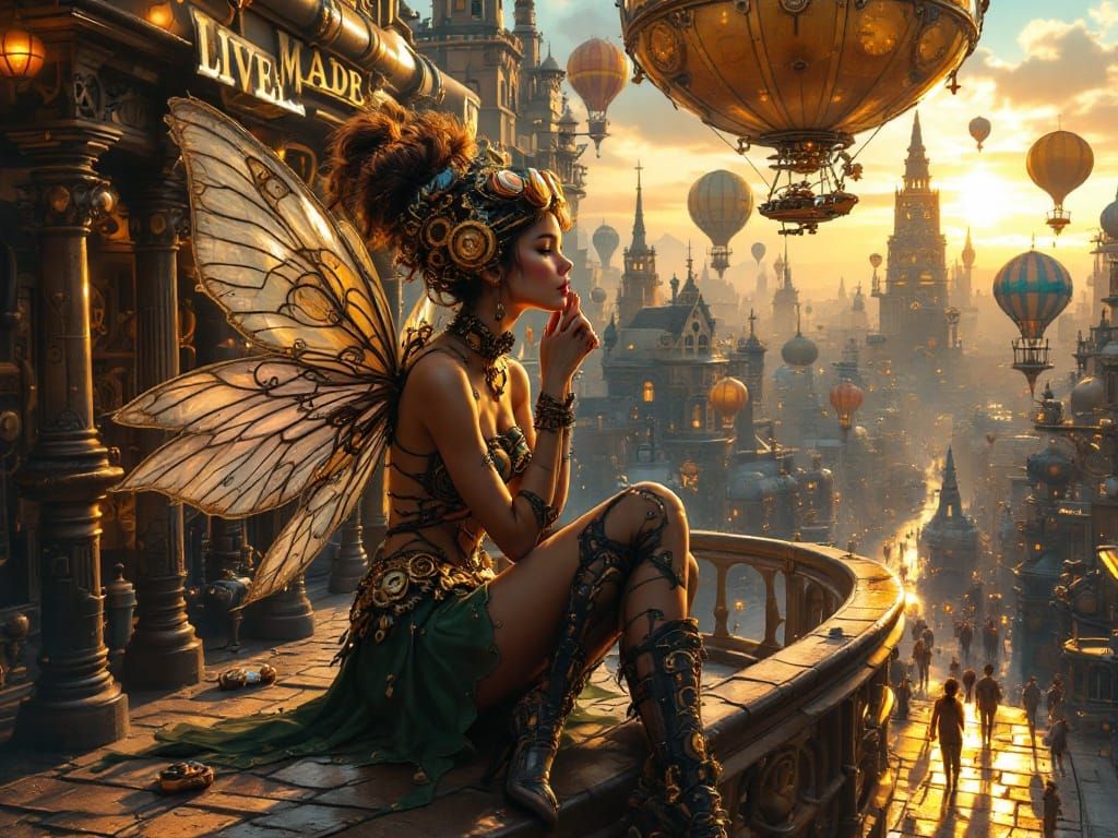 Steampunk Fairy in Victorian Cityscape