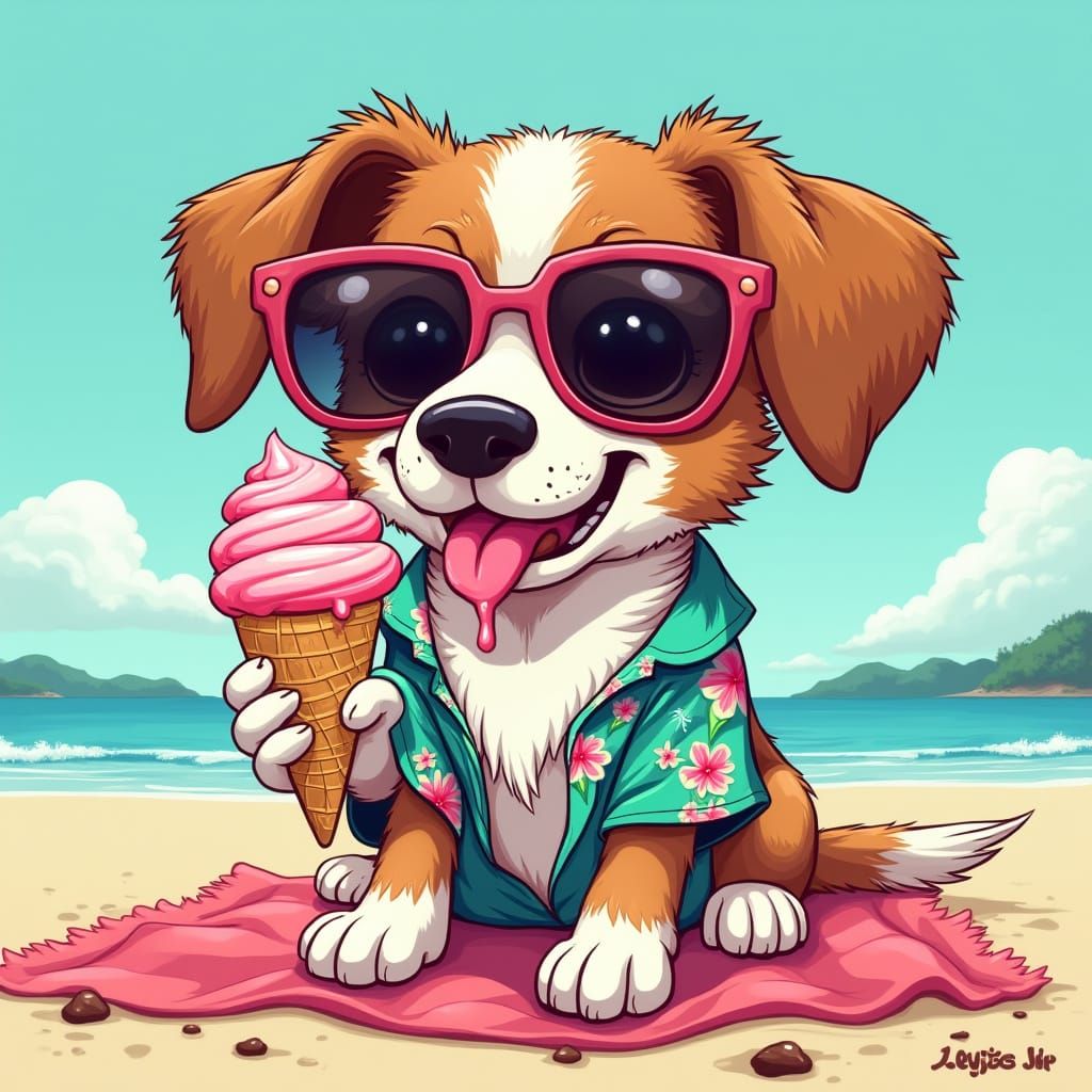Dog in Trendy Sunglasses Enjoying Colorful Ice Cream on Beac...