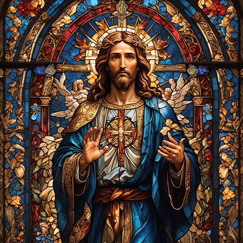 Baroque Stained Glass Art: Jesus in Heavenly Garden