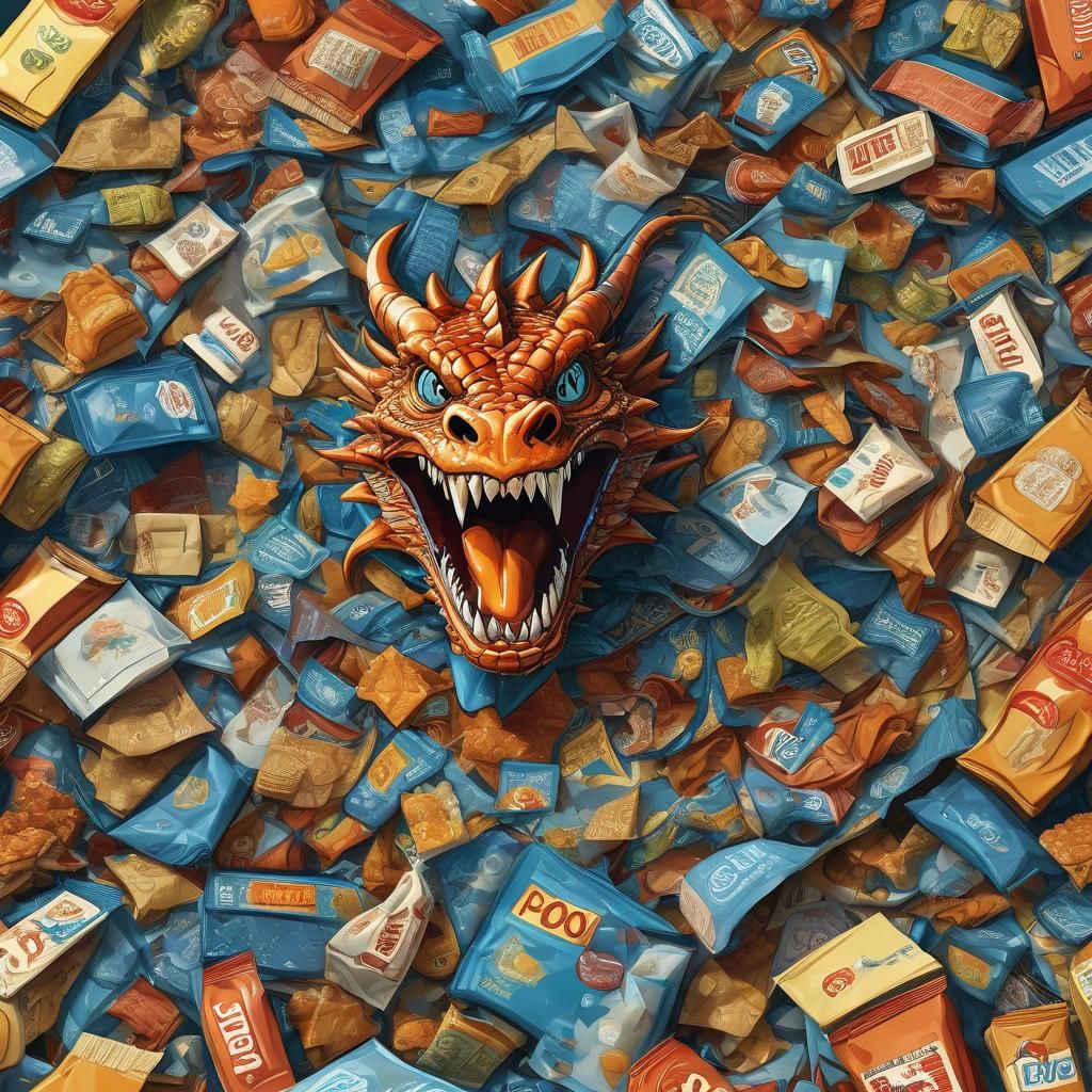 Dragon in Chip Bag: Surreal Cartoon Fantasy