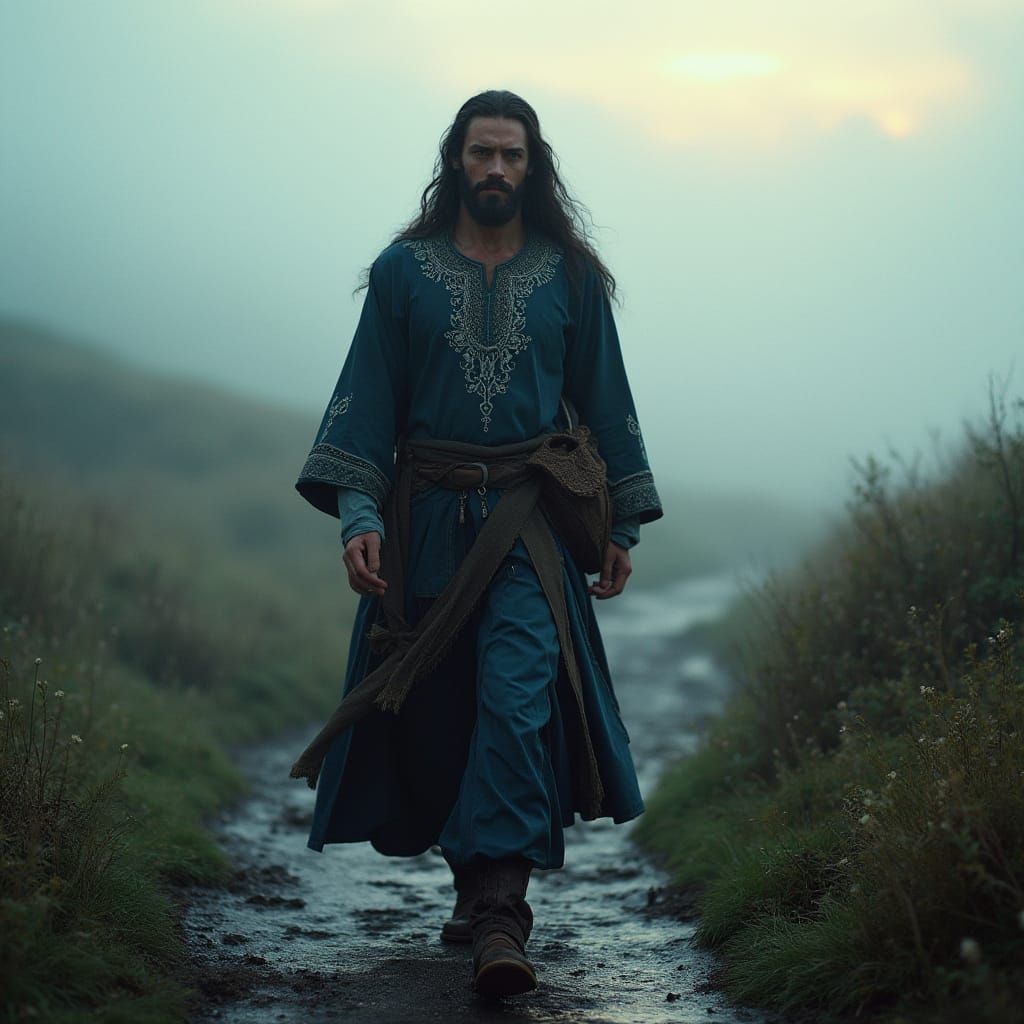 Tall Figure in Dark Blue Tunic Approaches Mysterious Well on...