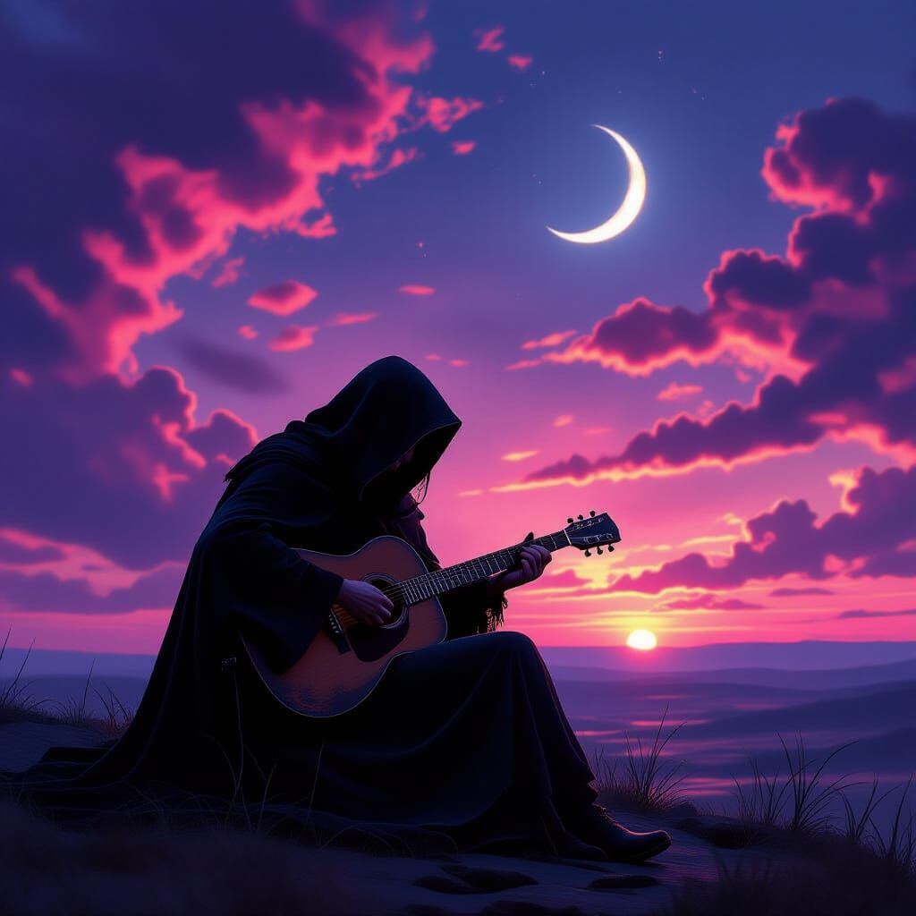 Guitarist Silhouetted Against Twilight Sky