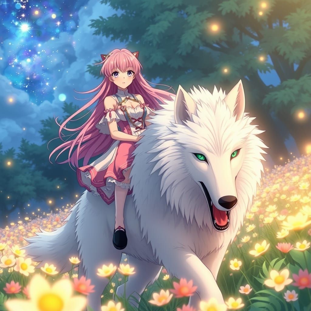 Magical Girl Rides a Wolf Through Flower Field