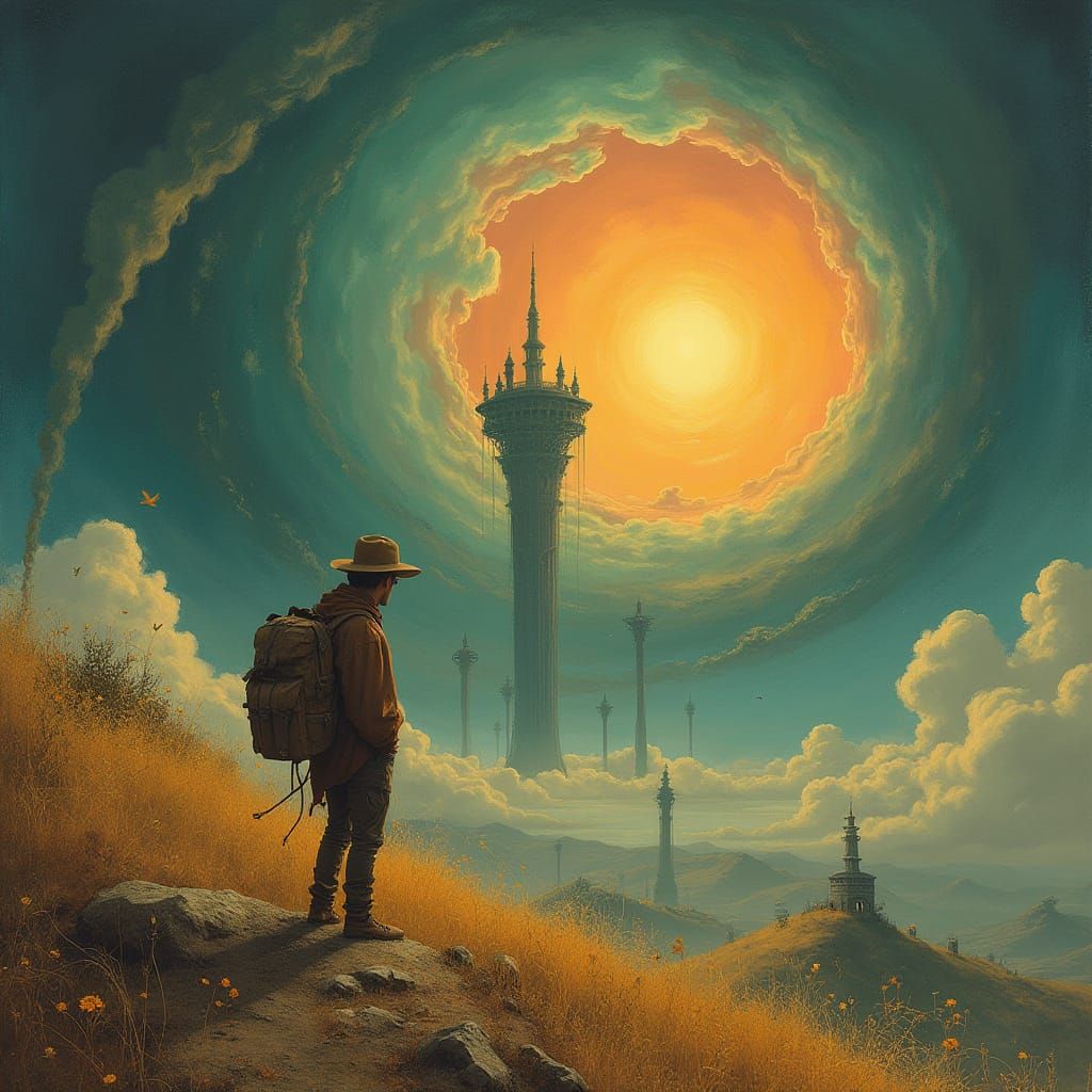 Surreal Cityscape with Traveler, Dreamlike Art