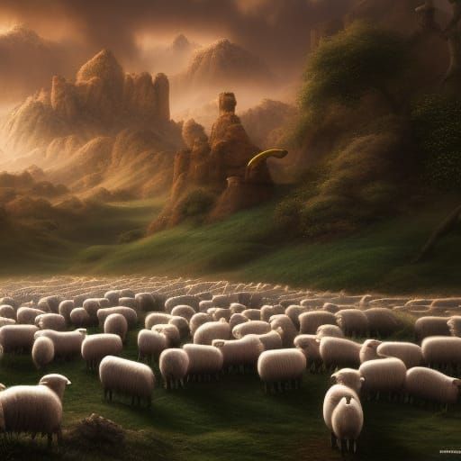 Flock of Sheep in Detailed Matte Painting