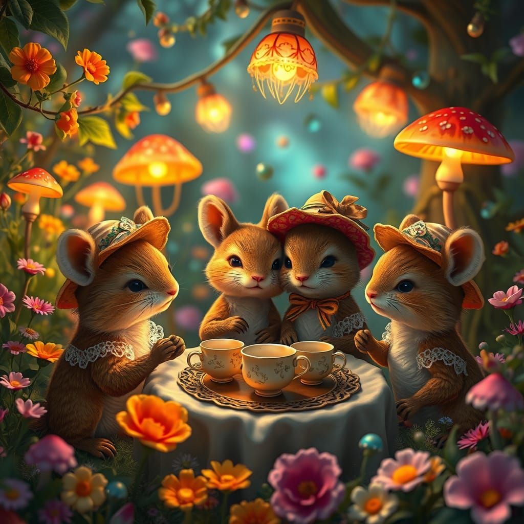 Enchanted Animal Tea Party in Digital Matte Painting Style