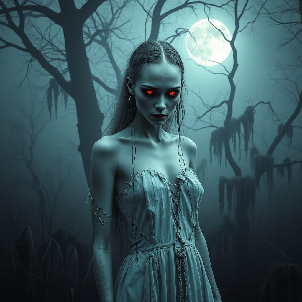Ethereal Gothic Woman in Sinister Moonlit Marsh