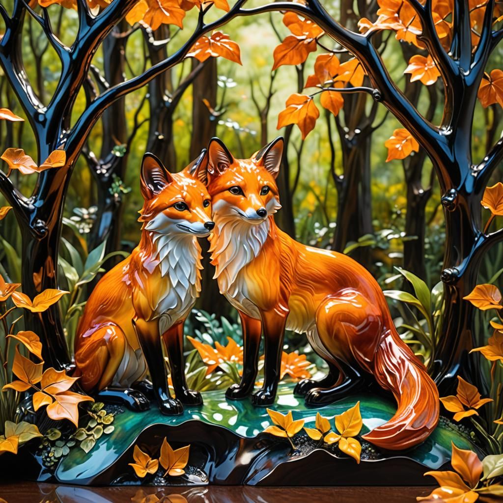 Enameled Glass Foxes Playing in Copper Foliage