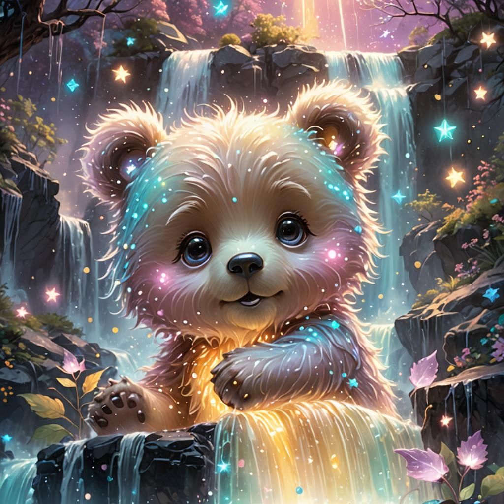 Chibi Bear Cub Constellation on Bioluminescent Waterfall