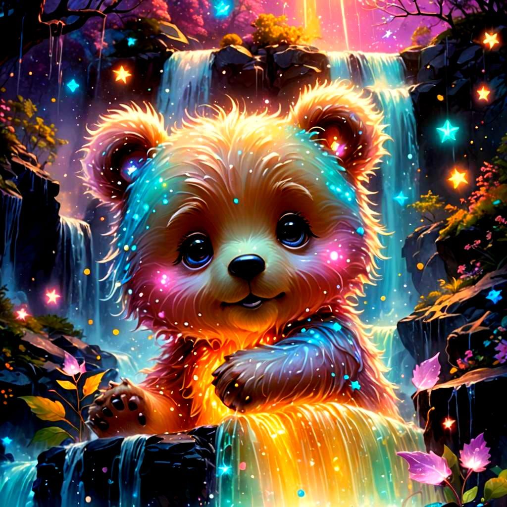 Chibi Bear Constellation on Bioluminescent Waterfall in Cand...