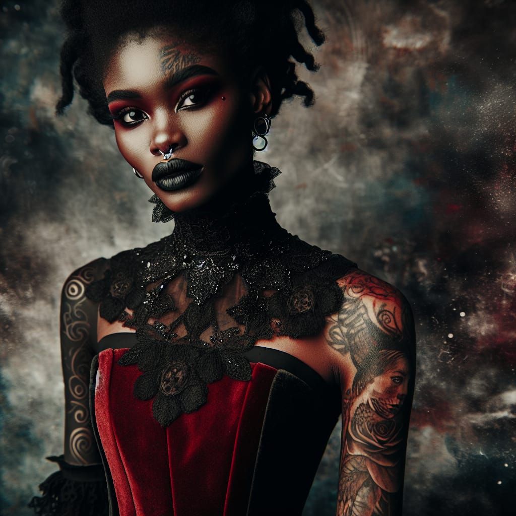 Elegant Gothic Woman with Tattoos in Dark Setting