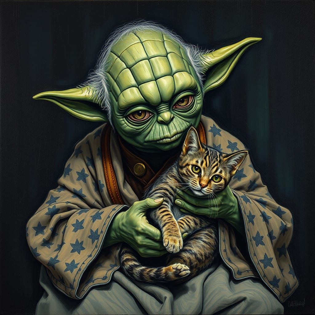 Yoda Enchants with His Feline Companion in Dark Fantasy Oil ...