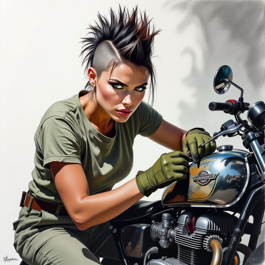Mohawk Woman Repairs Vintage Motorbike in Surreal Monochrome