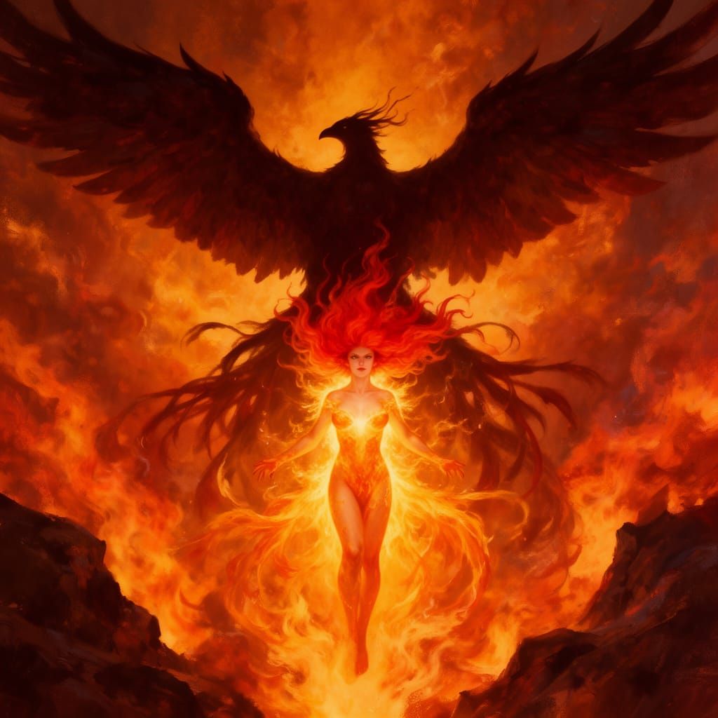 Woman Ascends Like a Phoenix Amidst Fiery Inferno