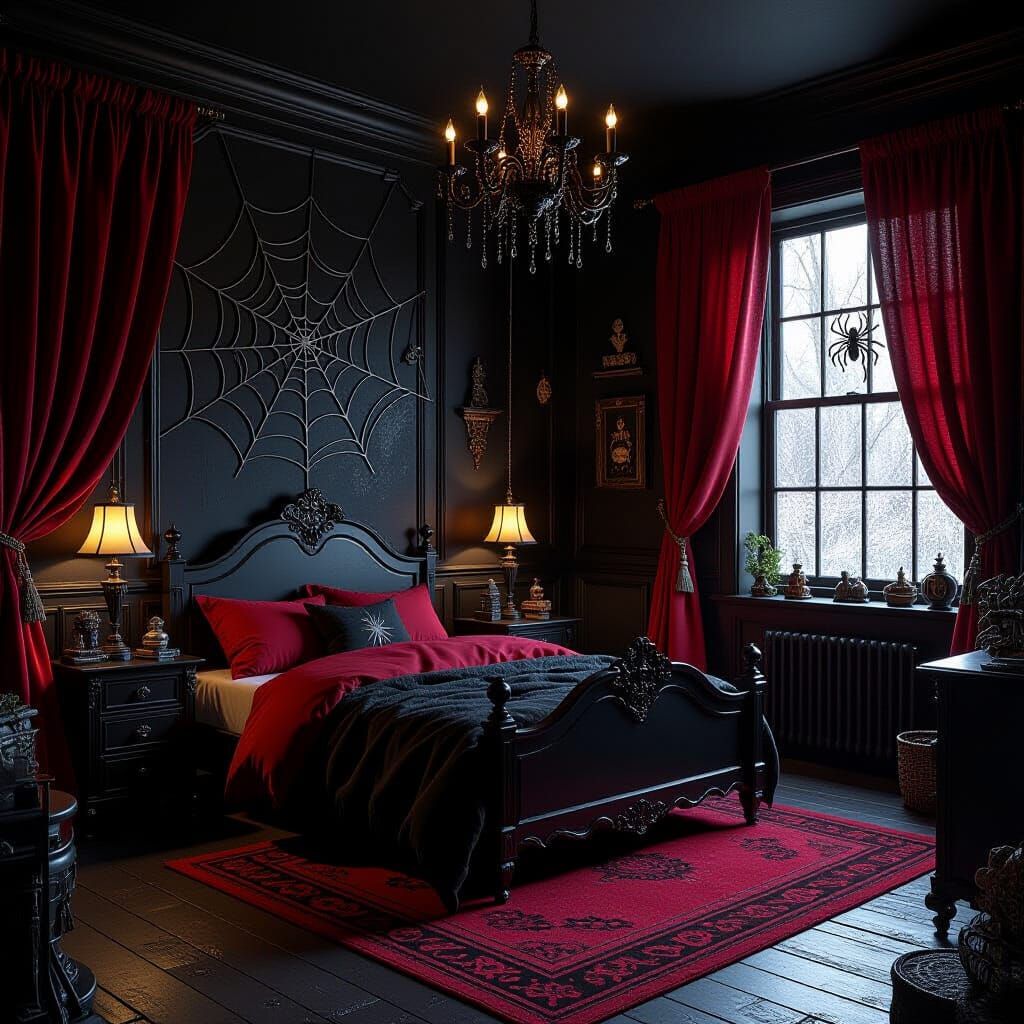 Gothic Bedroom with Crimson Details, Dark Mystical Decor