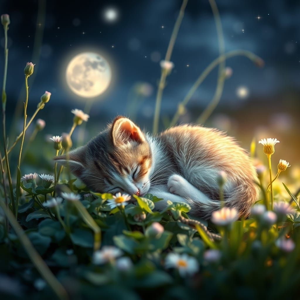 Sleeping Kitten in Clover Meadow, Luminous Art