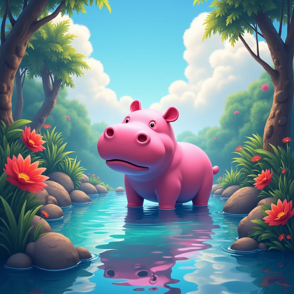 Pink Hippopotamus in Tropical Lagoon: Matte Painting