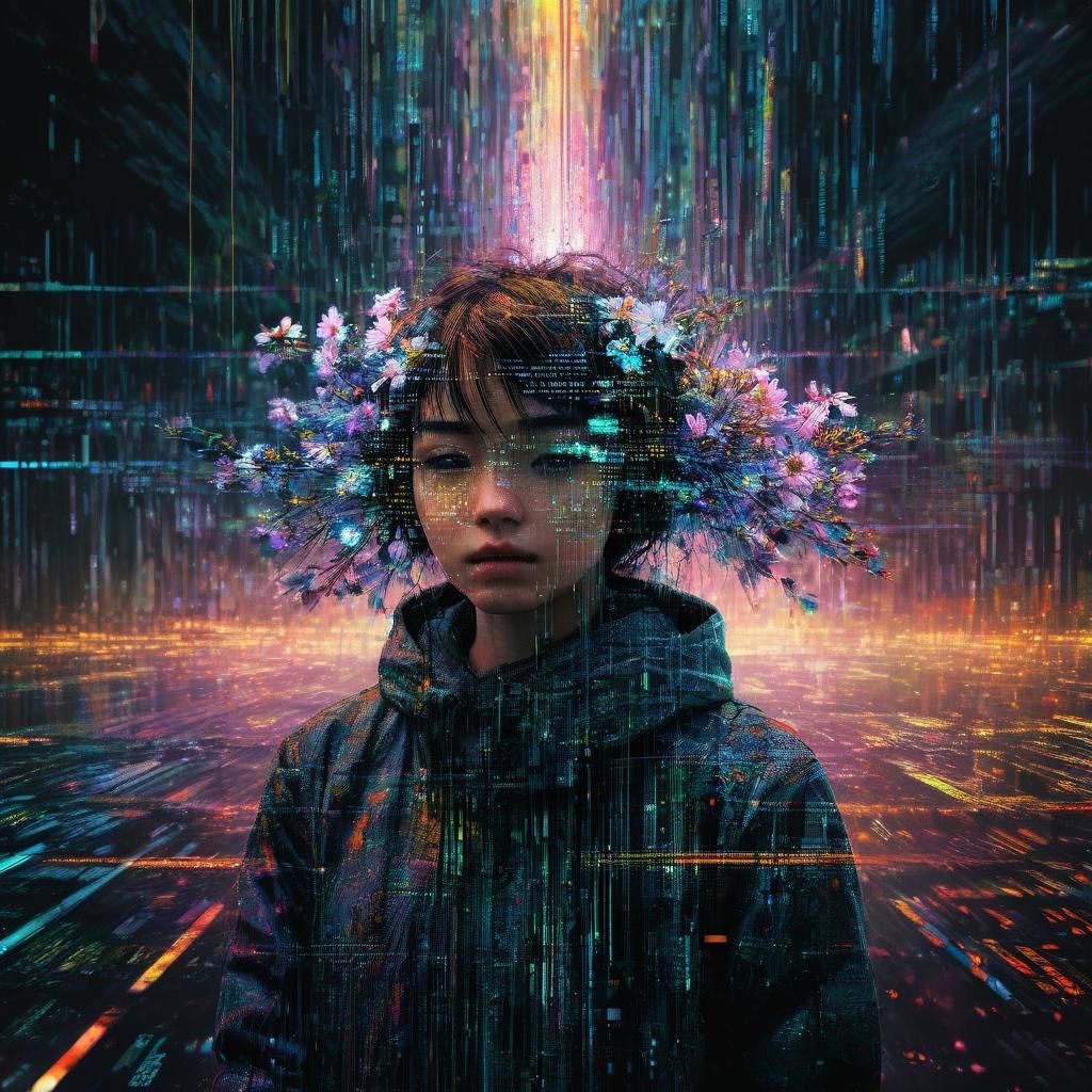 Glitch-Core Flower in Matrix Digital World