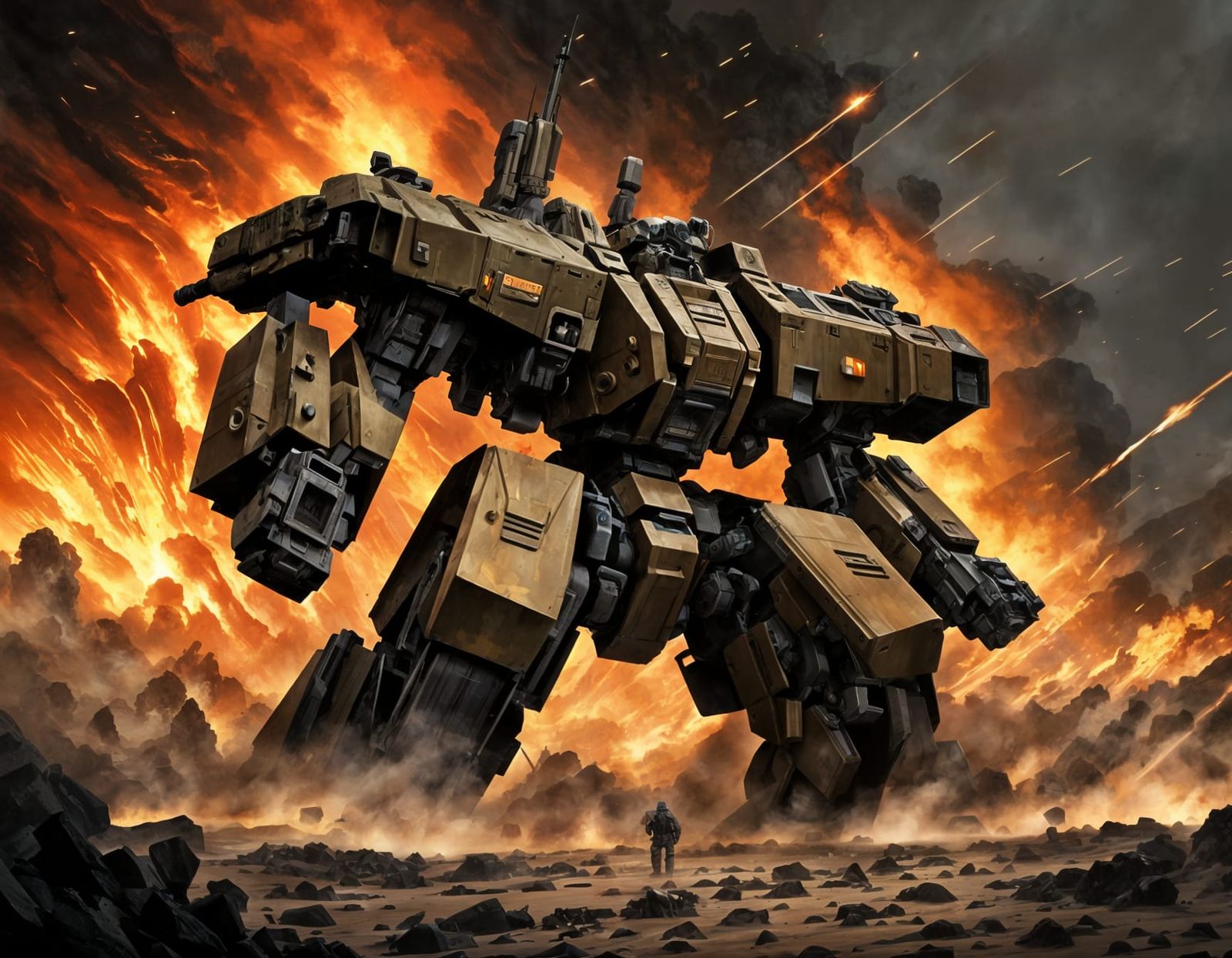 Battle-Scarred Bipedal Mech Emerges from Dusty Battlefield