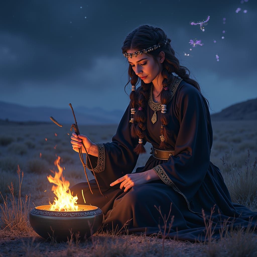 Norse Sorceress Conjuring Runes at Night