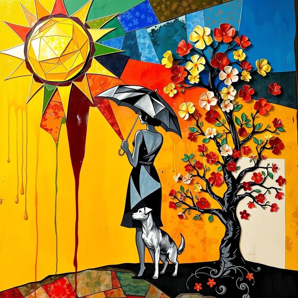 Cubist Woman Under Vibrant Yellow Sun