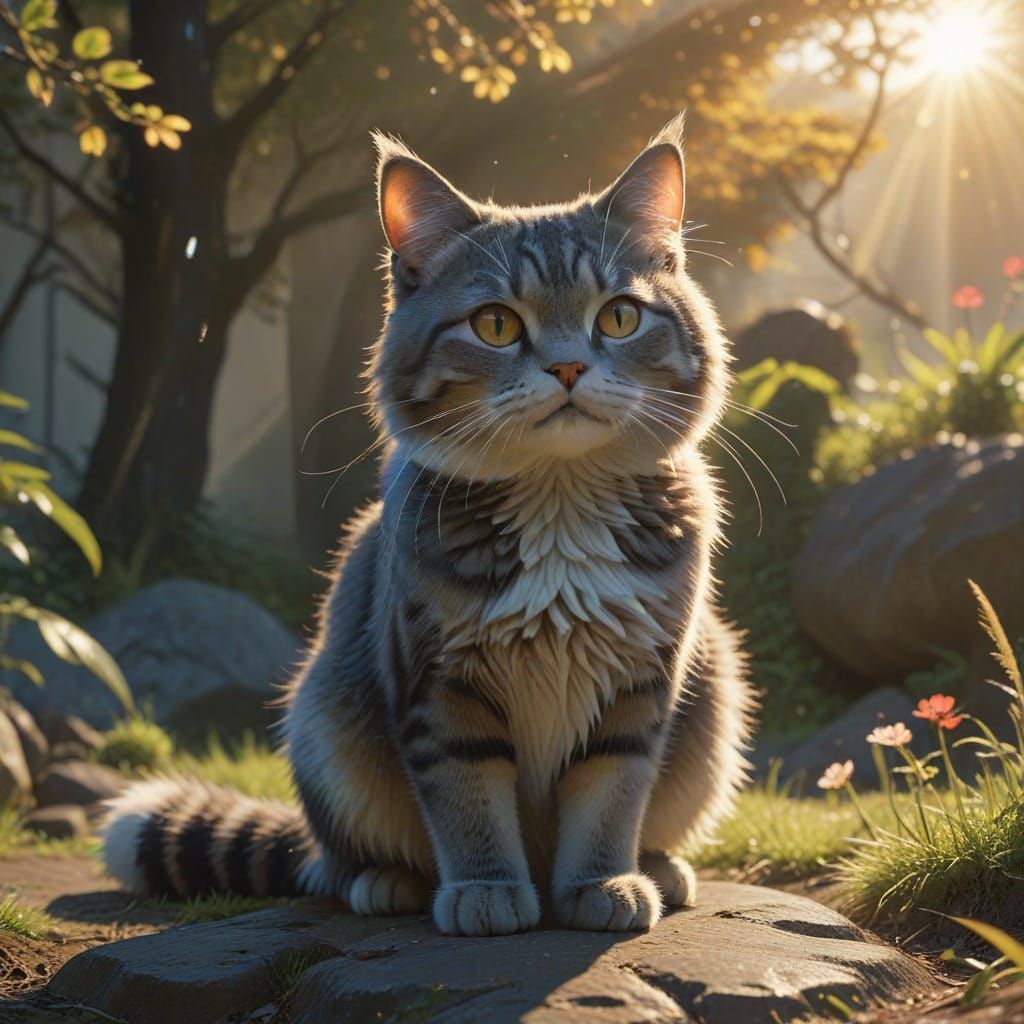 Whimsical Kawaii Cat in Golden Hour Glow