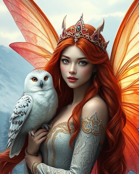 Snow Goddess with Wings and Fiery Locks in Winter Wonderland
