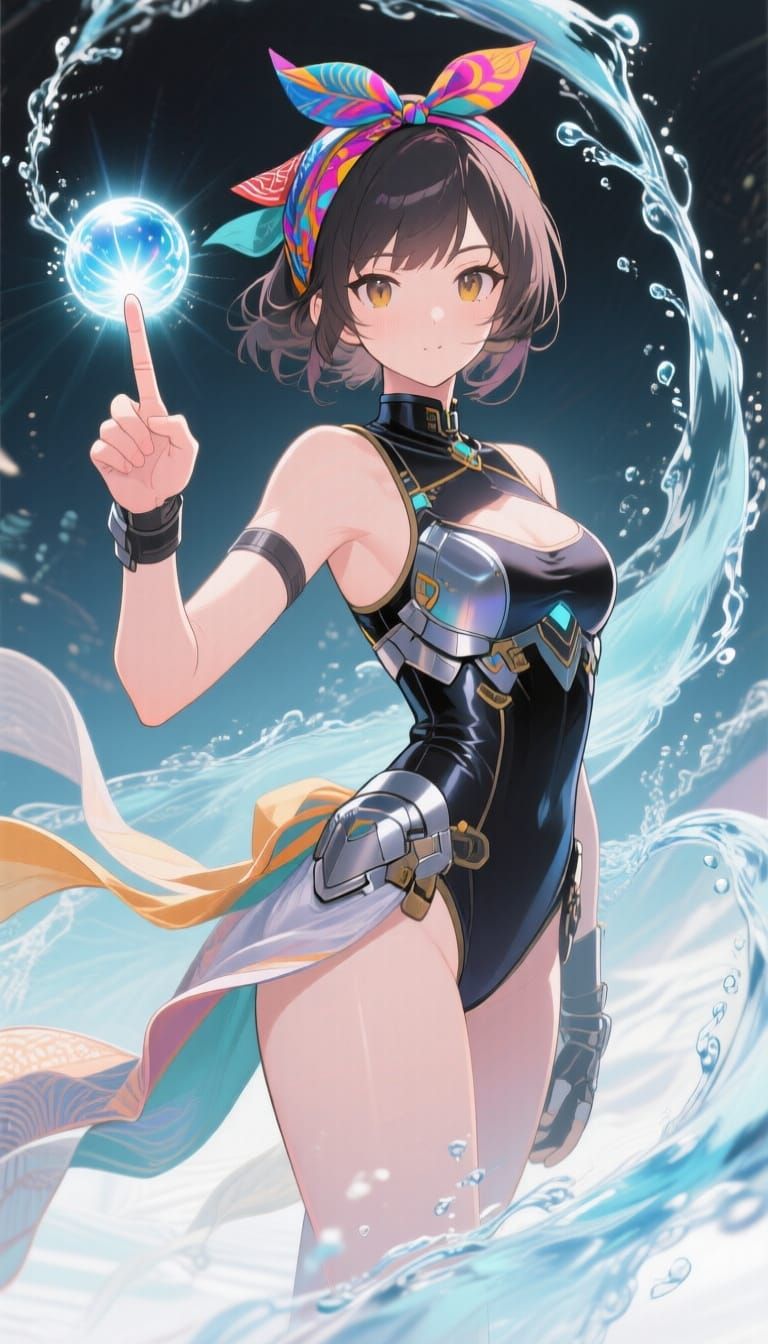 Anime Girl Conjuring Water Orb in Manga Style