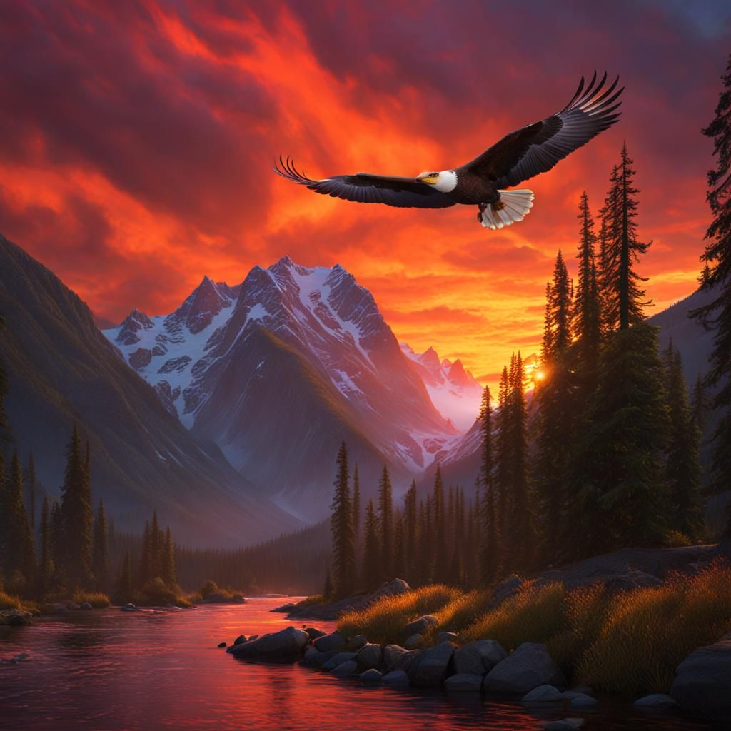 Eagle Soaring Above Salmon River at Sunset