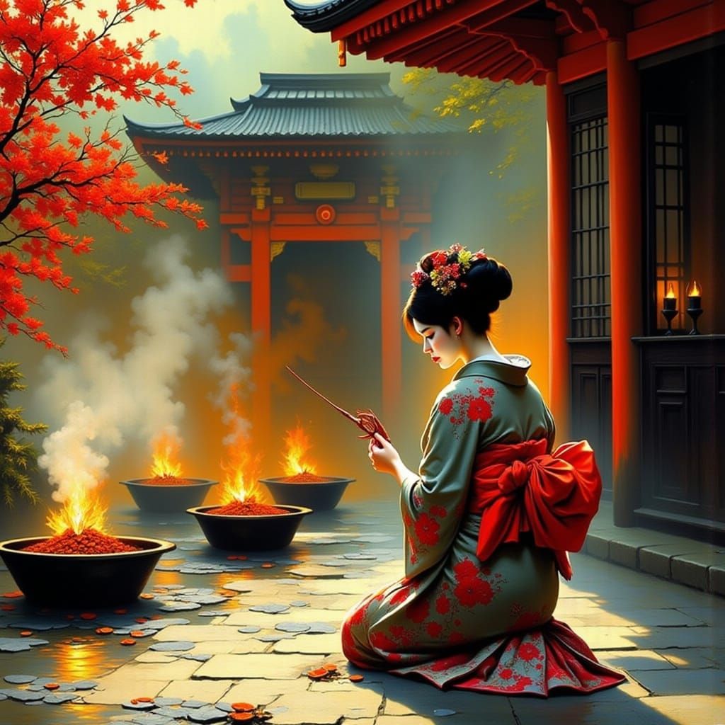 Vibrant Geisha in Traditional Shrine Setting