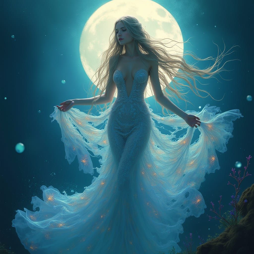 Goddess of the Sea in Iridescent Gown Underwater