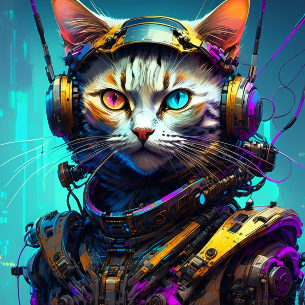 Cyberpunk Anthropomorphic Cat in Circular Vector Art
